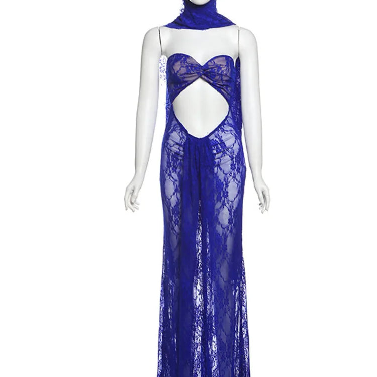 Lace See Through Strapless Sexy Maxi Dress For Women Gown Halter Hollow Out Sleeveless Backless High Split Long Dress