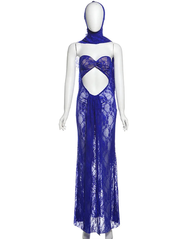 Lace See Through Strapless Sexy Maxi Dress For Women Gown Halter Hollow Out Sleeveless Backless High Split Long Dress