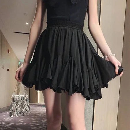 Korean Style Mini Skirt Women Kawaii White High Waist A-line Patchwork Lace-up Ruffles Cute Pleated Skirt Shorts Summer Black