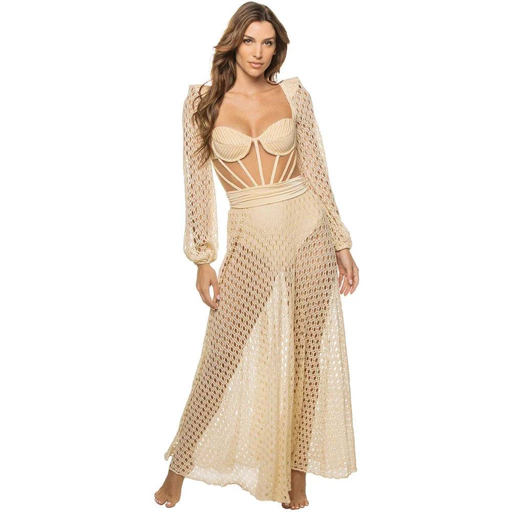 2023 New Retro Hollowed-Out Backless Sexy Swimsuit Long Sleeves Gather Luxury Solid Color Swimwear Knitted Beach Skirt Female Beige