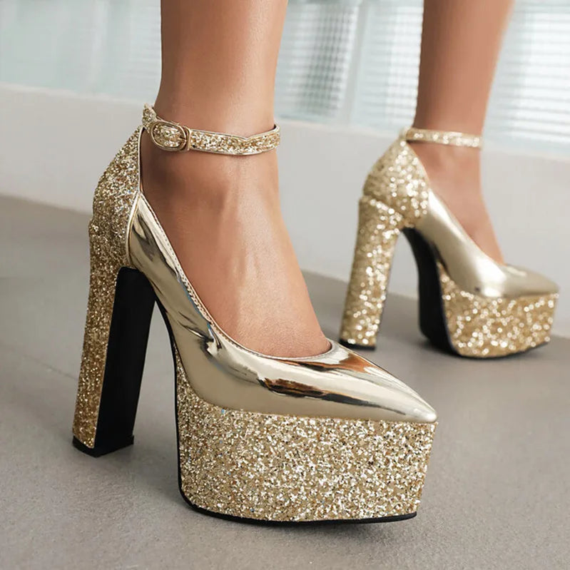 Women's Thick Soles High Heels Fashion Sequins Pointed Elegant Platform Women's Banquet Wedding Party Women's Shoes