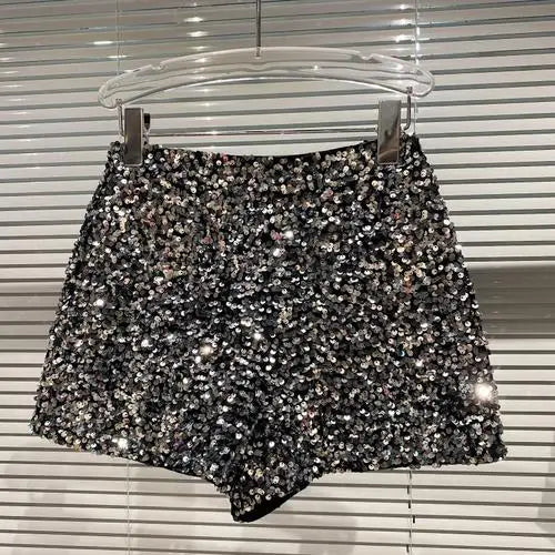 New Autumn Black Velvet Shorts Women Sequined Shiny Versatile Short Pants Clubwear Shorts Hot Pants High Street Silver