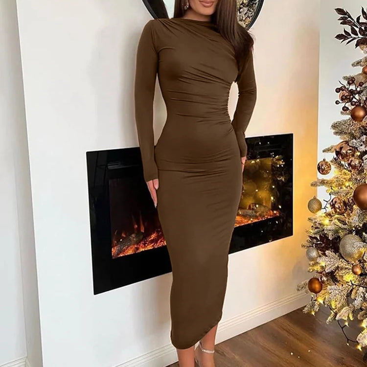 Weird Puss Elegant Temperament Women Maxi Dress Full Sleeve O Neck Zipper Solid Autumn Fashion Bodycon Evening Party Vestidos