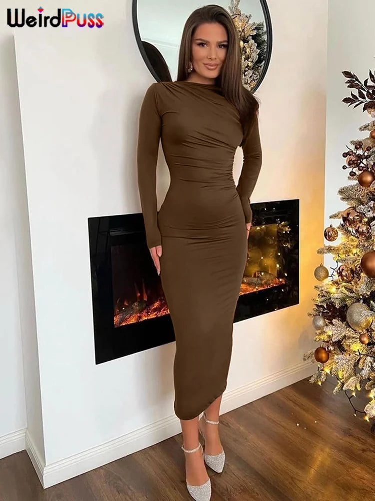 Weird Puss Elegant Temperament Women Maxi Dress Full Sleeve O Neck Zipper Solid Autumn Fashion Bodycon Evening Party Vestidos