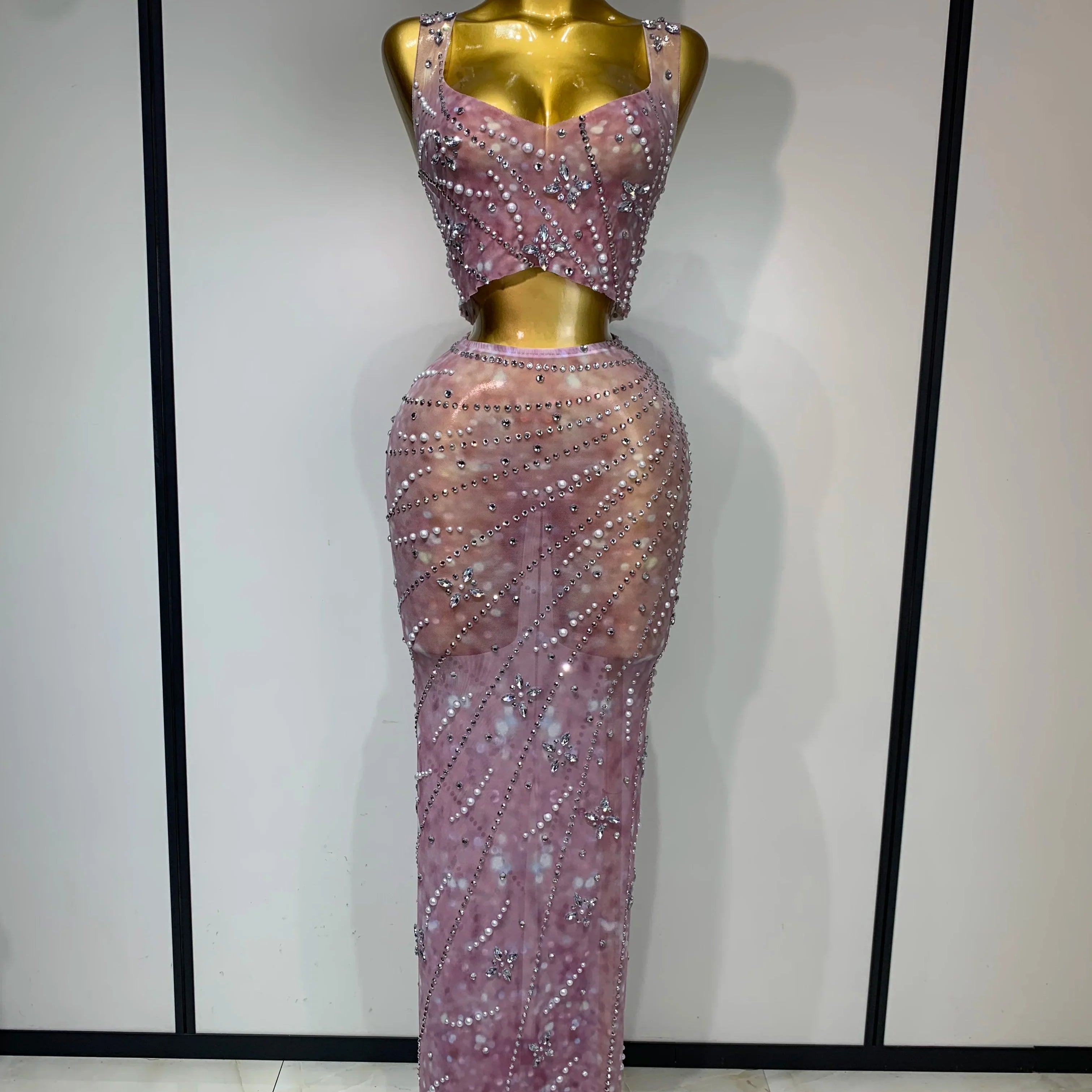 Women Sexy Two Pieces Set Celebrity Luxury Rhinestone Nightclub Skirt Suits Singer Dancer Stage Costume Evening Club Party Gowns