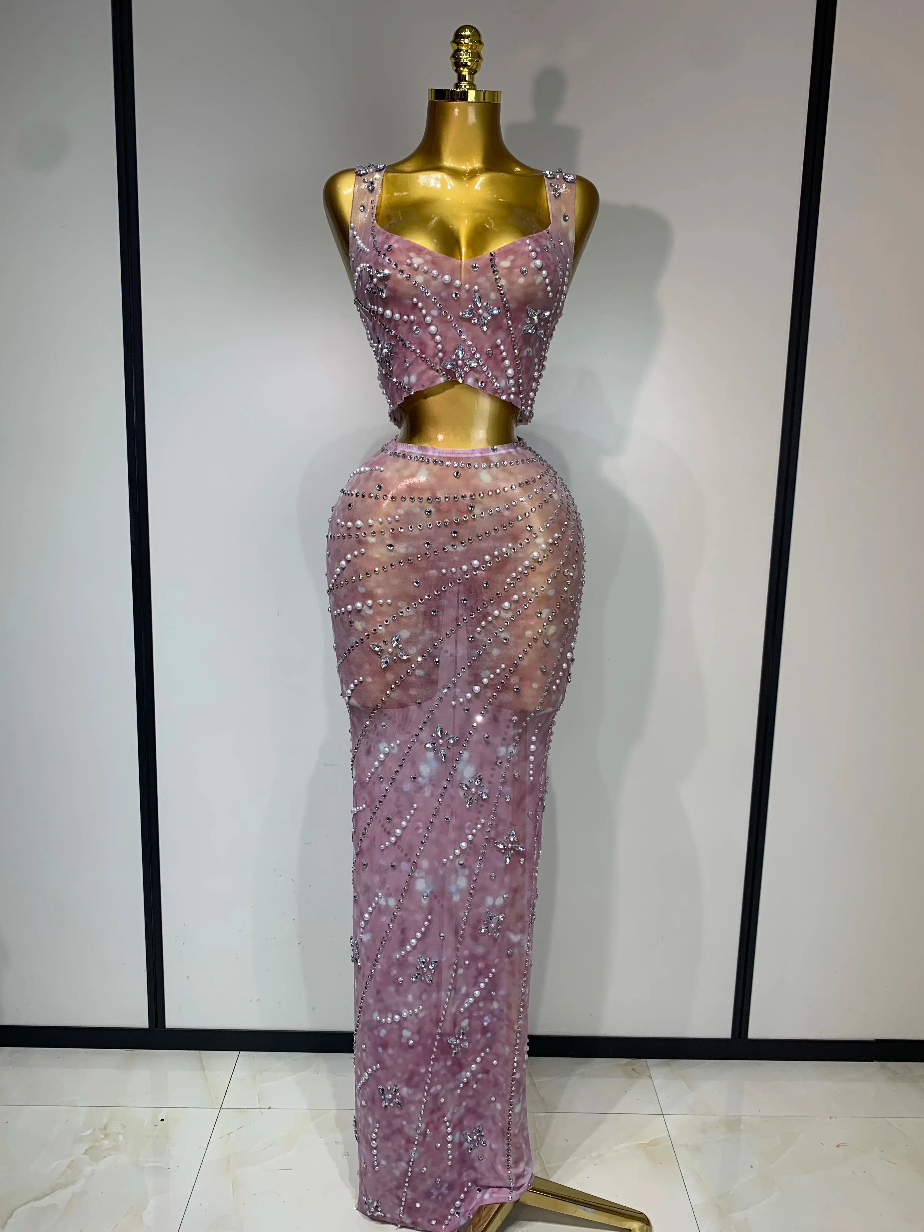 Women Sexy Two Pieces Set Celebrity Luxury Rhinestone Nightclub Skirt Suits Singer Dancer Stage Costume Evening Club Party Gowns