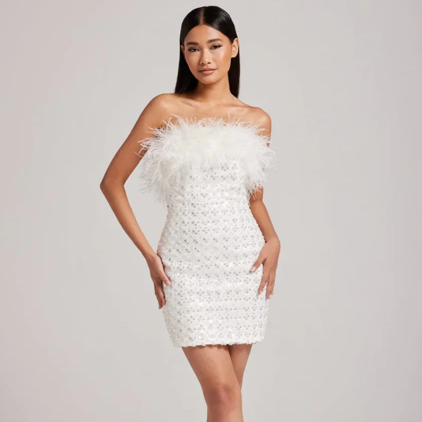2024 New Luxury Feather Sequins Beading White Strapless Mini Dress Celebrity Birthday Party Evening Dress Wedding Party outfit