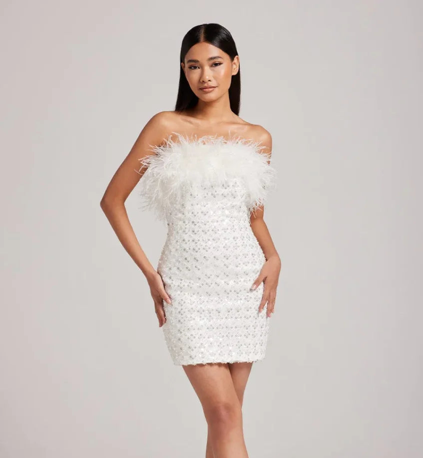 2024 New Luxury Feather Sequins Beading White Strapless Mini Dress Celebrity Birthday Party Evening Dress Wedding Party outfit