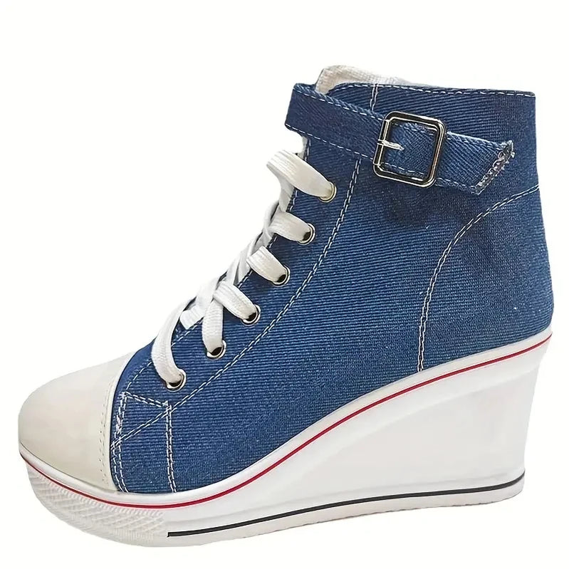 High Top Canvas Women Wedge Shoes Women's Denim Ankle Lace Up Ladies Ankle Canvas Shoes Woman 8cm Heels Sneakers