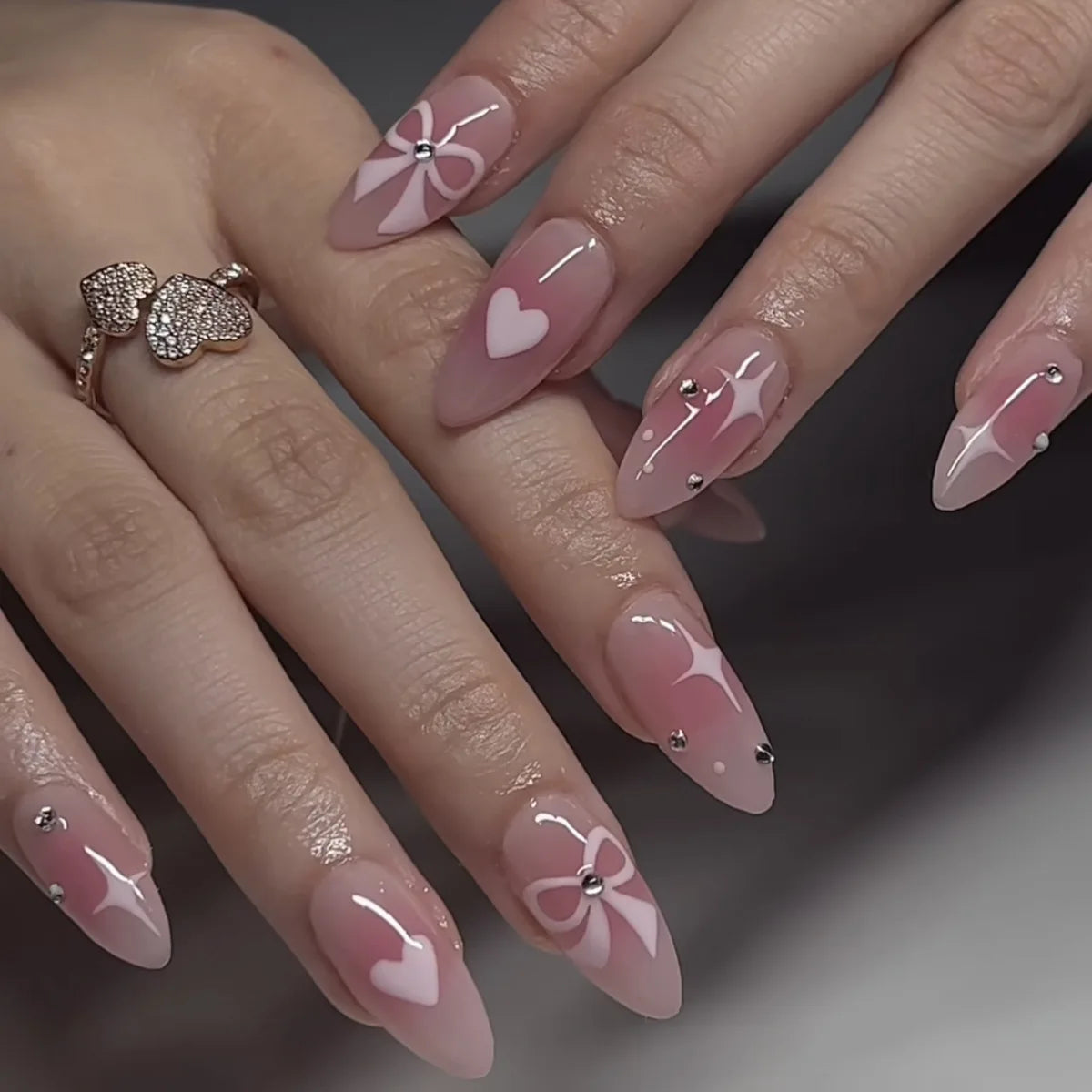 Pink French Style Fake Nails Almond Ballerina Press on Nails 3D Bowknot Designs Nude Color Stick-on False Nails Tips 24Pcs