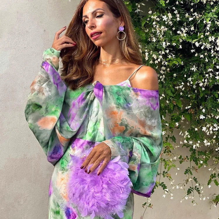 Women's Detachable Sleeves Beach Maxi Dress Sexy Backless Tie Dye Sling Dress Summer Ladies High Waist Long Robes