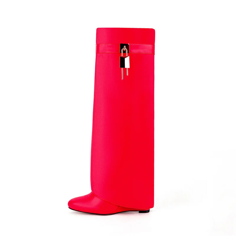 Lock Metal Buckle Women Knee High Boots Wedges Shoes For Woman Punk Style Round Toe Zipper Cowboy Boots Trend 2025 Female Shoes