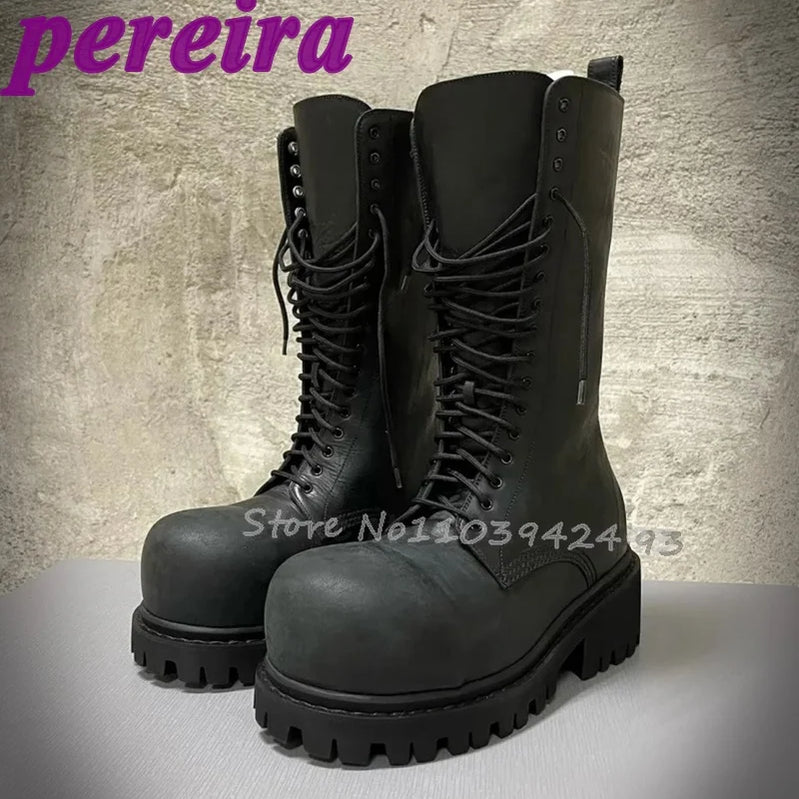 Lace Up Boots Big Round Toe Botas Women Man Luxury Designer Shoes Autumn Winter Booties 2025 Zapatos De Mujer Solid Sarpe New