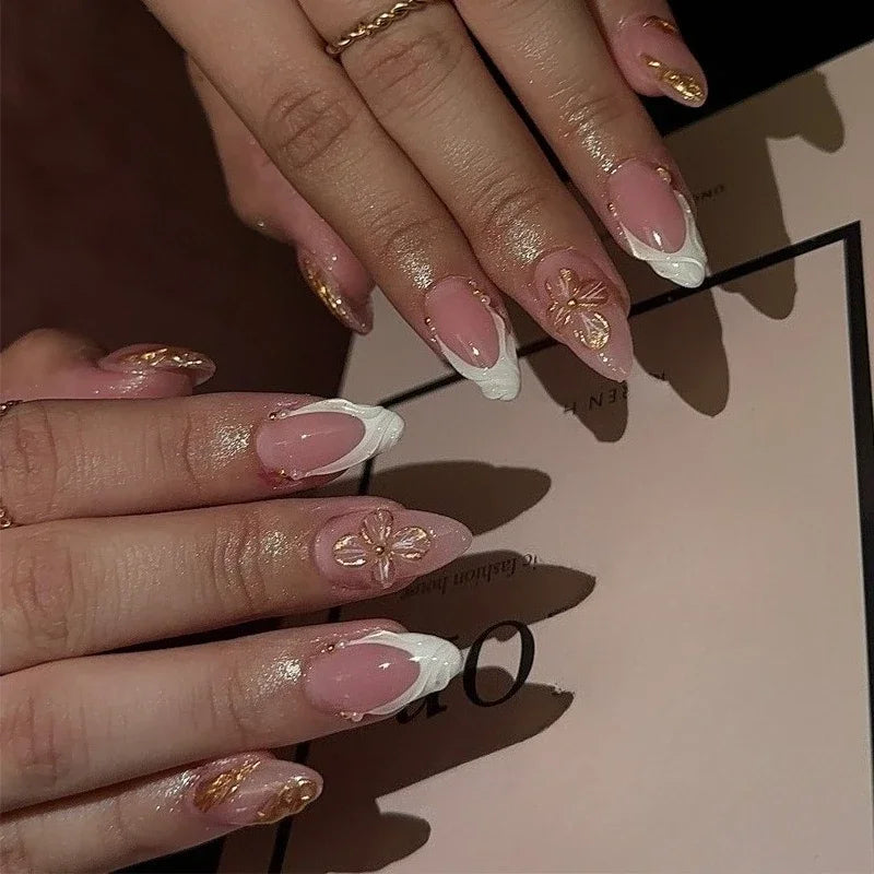 24Pcs/box Mid-length 3D Floral Pearl Design False Nail Sweet Flower Pattern Elegant Girls Wearing Press on Nails Manicure Tips