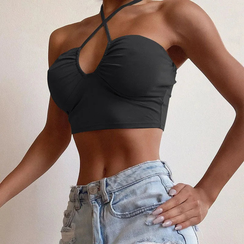 Strapless Criss Cross Halter Solid Cropped Backless Camis Tank Tops Summer Fashion Lady Clubwear Camisole CKFZ-6376 Black