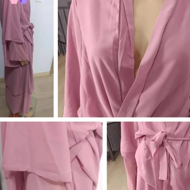 New In Women Abaya NO SCRARF(Encrypted Chiffon)Elegant Muslim Stitching Three Layer Abaya Ruffle Sleeves Cardigan Marocain Dress