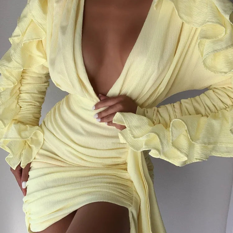 Yellow Green Women Butterfly Sleeve Sexy Deep V-Neck Bodycon Mini Dress Fashion Nightclub Party Dress