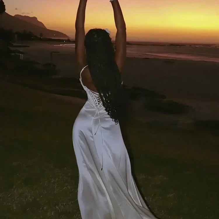 Elegant Solid Satin Ruffles Sling Long Dress Lady Sexy Square Collar Backless Sleeveless Lace Up Robes Chic Women Party Dresses