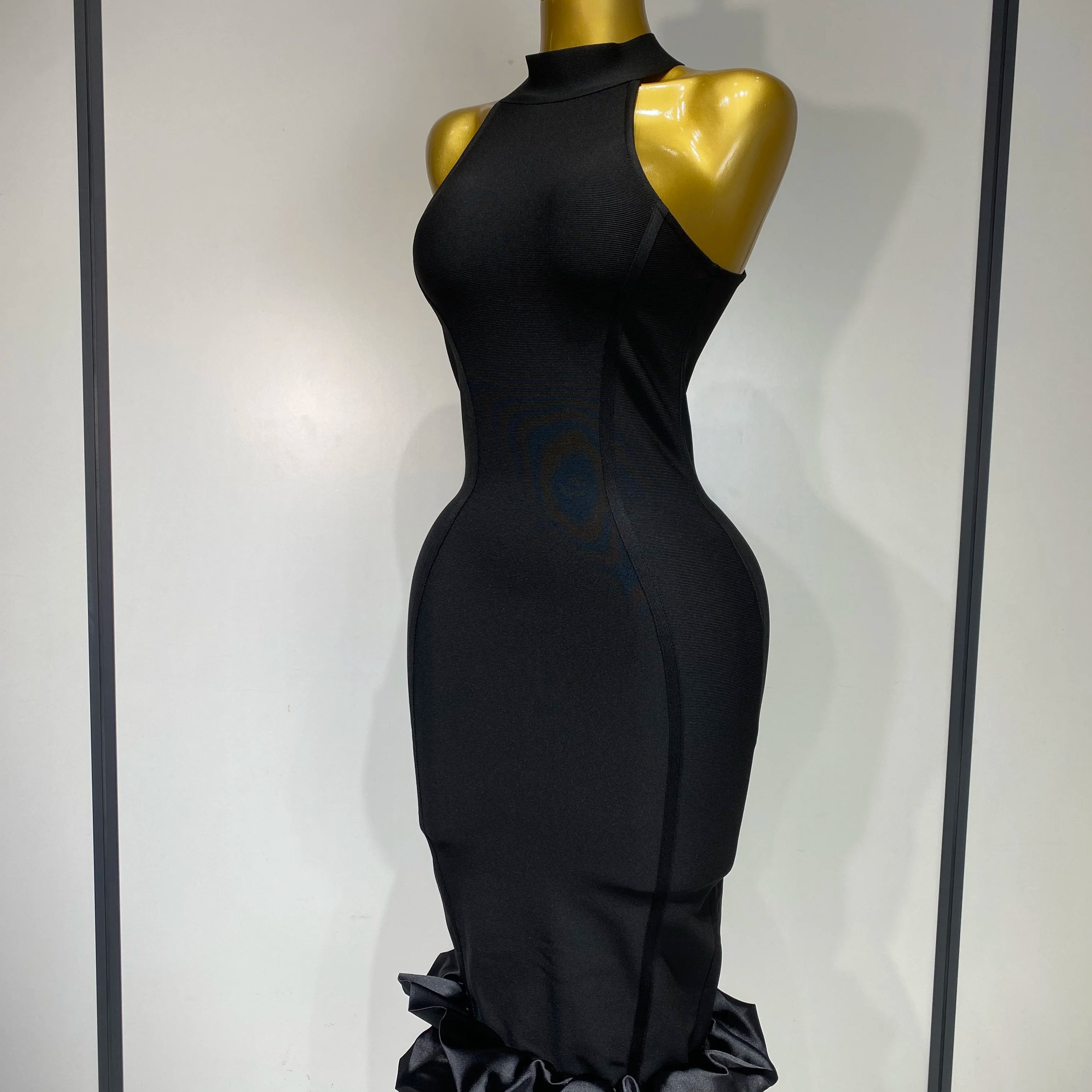 Women Sexy High Collar Ruffle Black Bandage Dress Sheath Sleeveless Party Prom Gown Elegant Formal Luxury Birthday Club Dresses