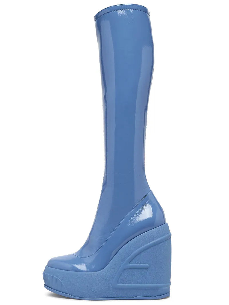 Spring New Slope Heel Thick Bottom Round Toe High Heel Boots Fashion Sexy Cross-border Women's Plus Size Knee-high Boots Blue