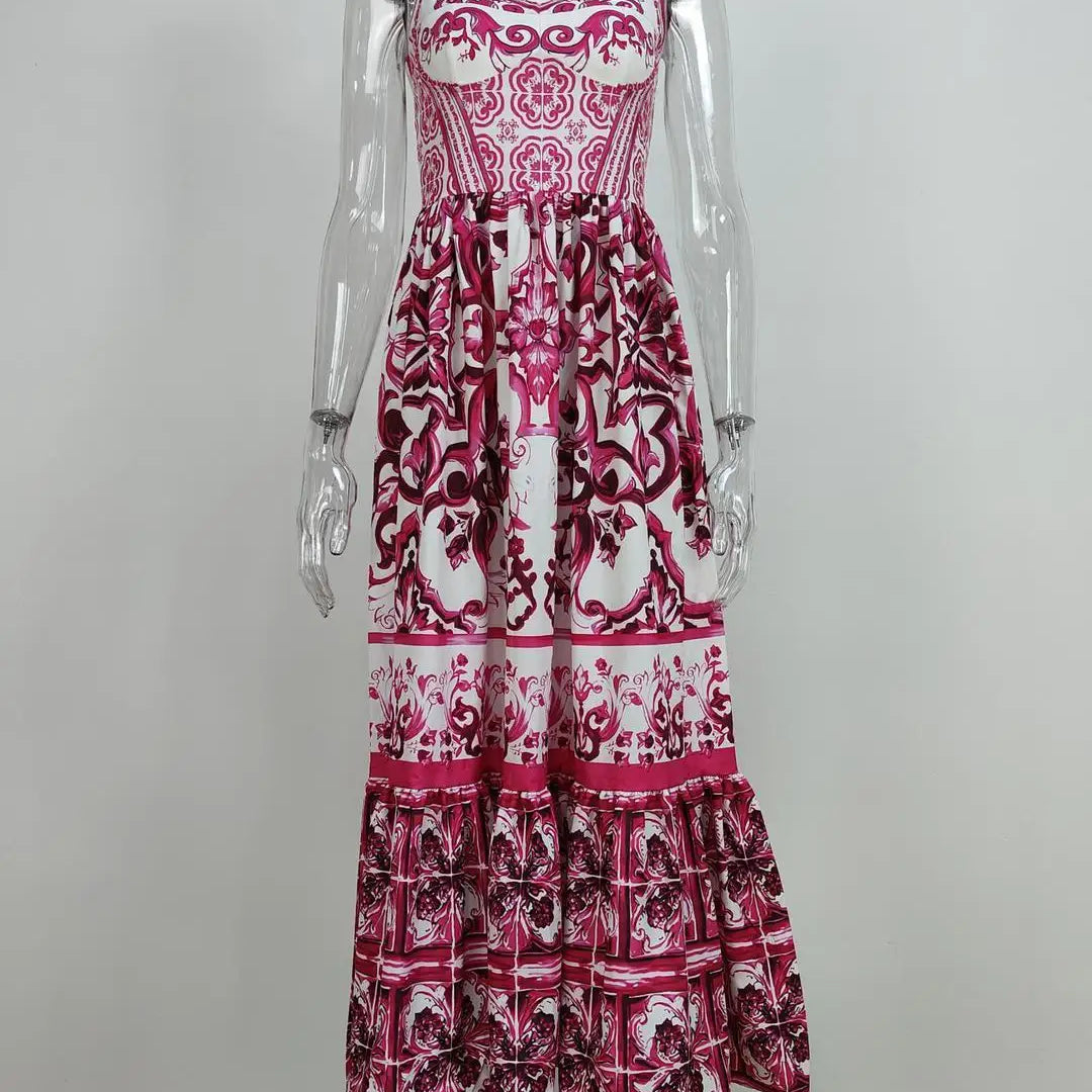 Runway Red White Porcelain Floral Print Long Maxi Beach Dresses Women Straps Sundress