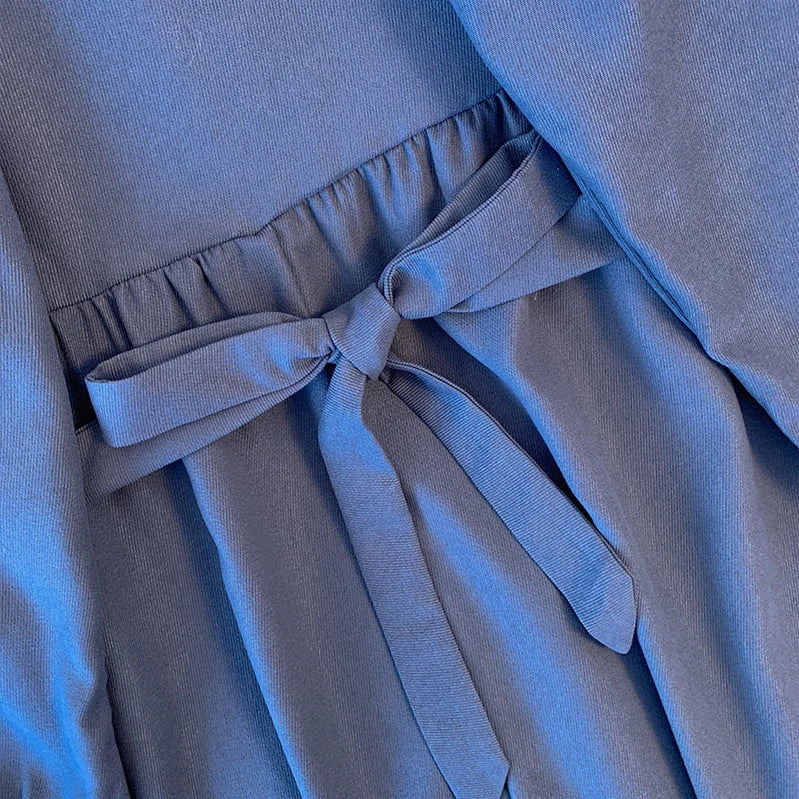 Plus Size Woman Preppy spring and autumn dress bow design girly commuter dress Graduation dress 5X-large, 6X-large blue.