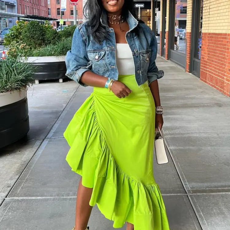 CM.YAYA Women Ruffles Hem Asymmetrical High Waist Maxi Long Skirt 2022 Autumn Winter Streetwear INS Fashion Skirts