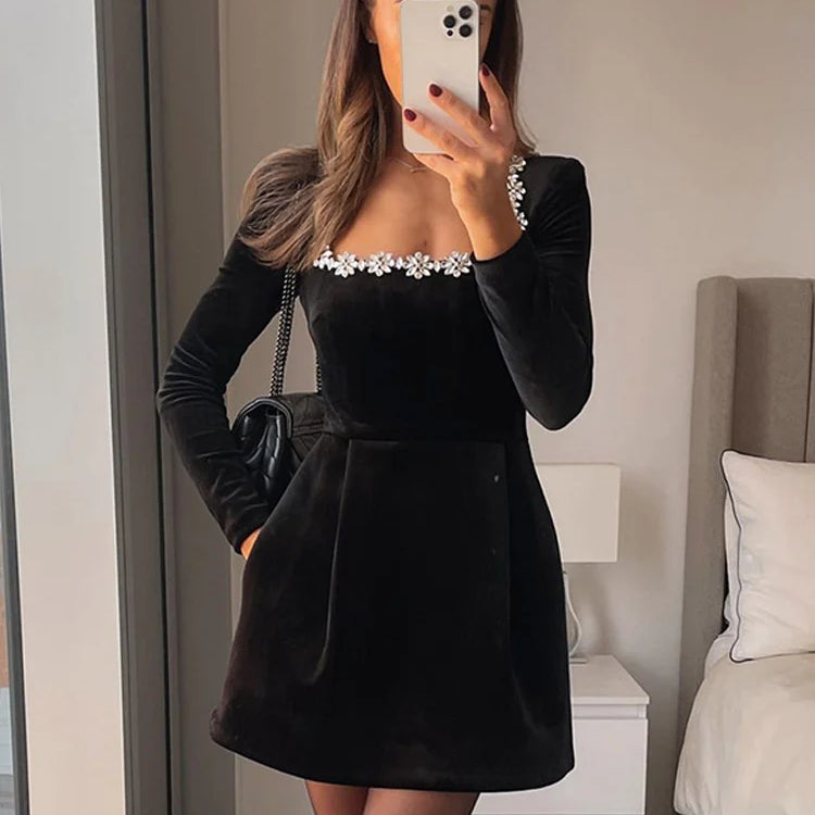Vintage Casual Chic Rivet Women Black Dress Slash Neck Zipper Velvet Mini Dress Fashion 2024 Autumn Evening Party Female Dresses