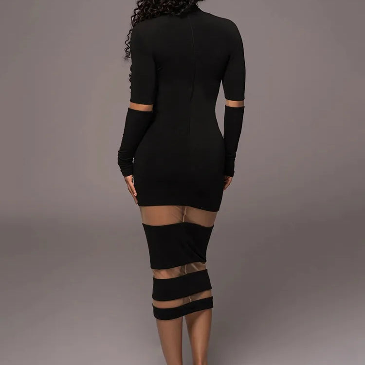 Patchwork Bodycon Sexy Midi Dress For Women Autumn Winter New Turtleneck Long Sleeve Club Party Sexy Dress Elegant