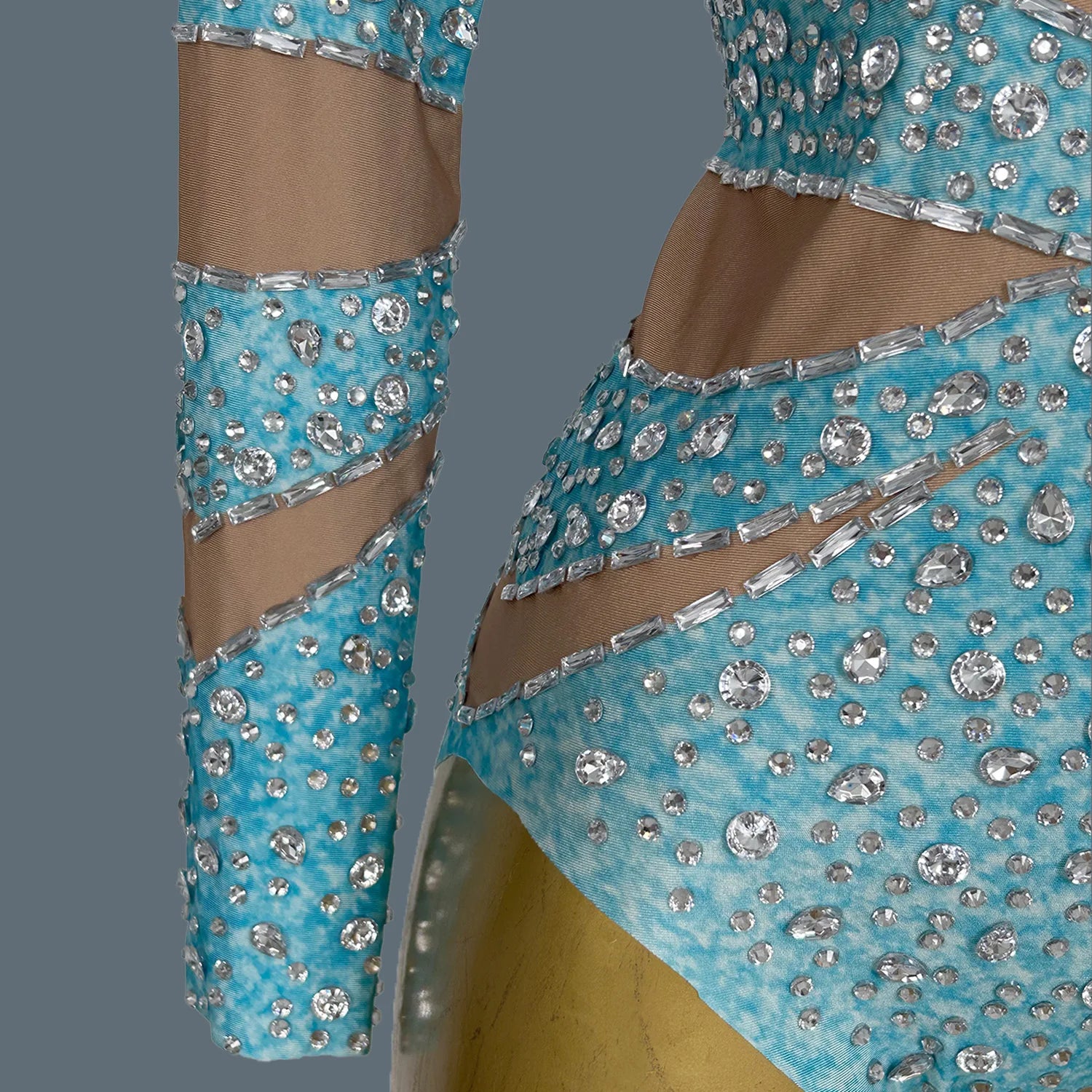 Blue Crystal Rave Festival Outfits Pole Dancers Costume Female Bodycon Bodysuits Women Stage Performance Short Jumpsuit Jixue