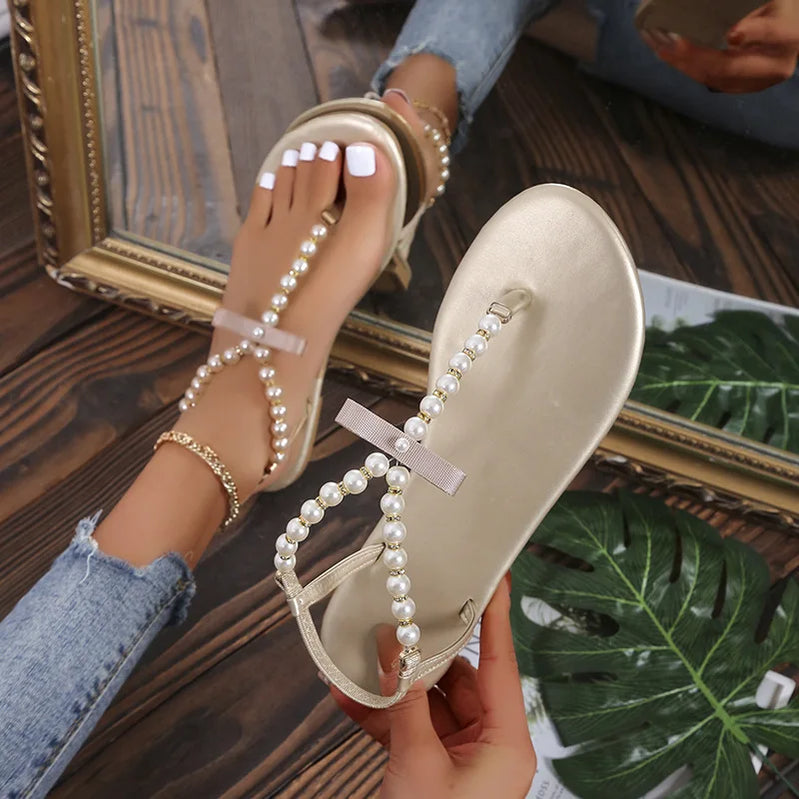 Summer Women's Sandals Fashion Outdoor Flat Beach Sandals Sexy Pearl Bow-knot Shoes Female Clip Toe Flip Flops Slides