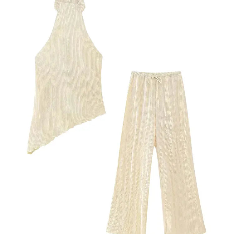 TRAF 2023 Women 2 Pieces Sets Fashion Asymmetric Halter Top Women Suit Casual Ruched Long Pants Set Womens Outfits