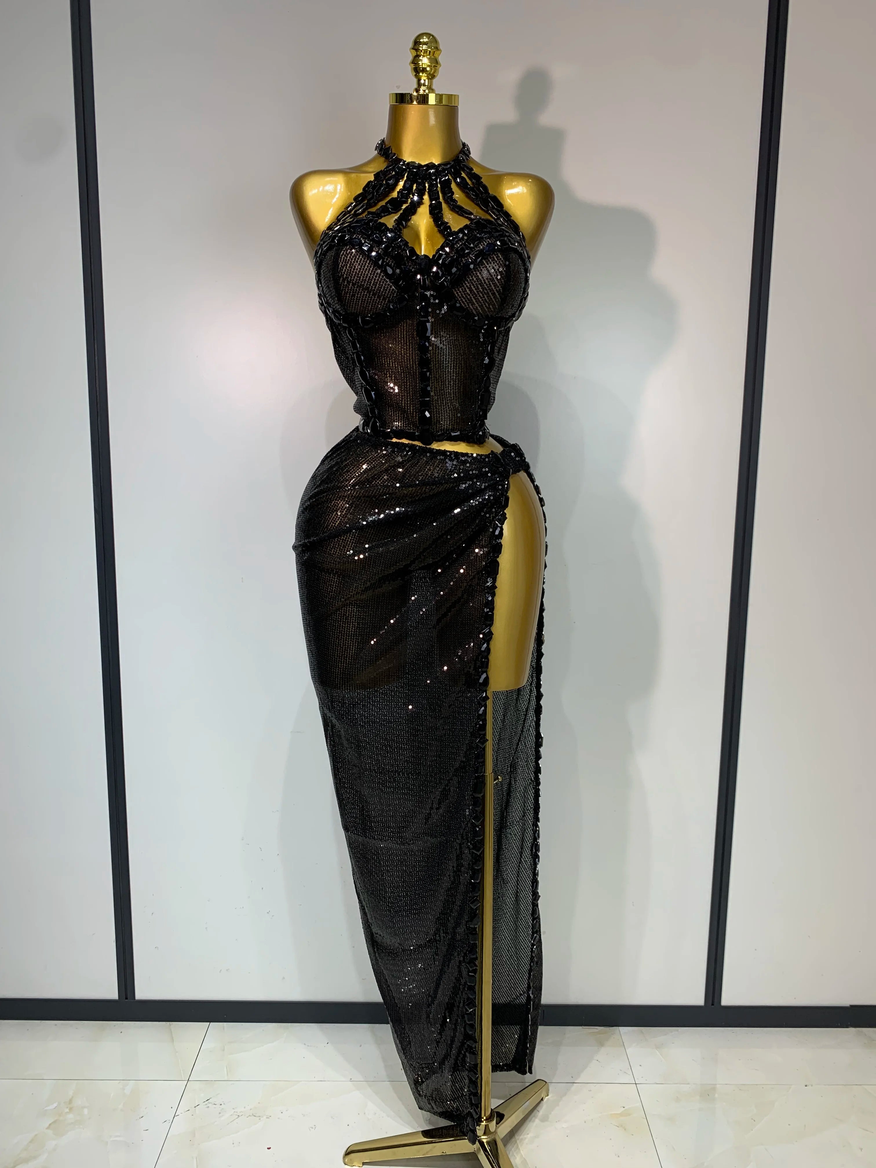 Sexy Backless Shiny Diamond Two Piece Set 2025 Women Elegant Evening Party Luxury Birthday Nightclub Singer Stage costume
