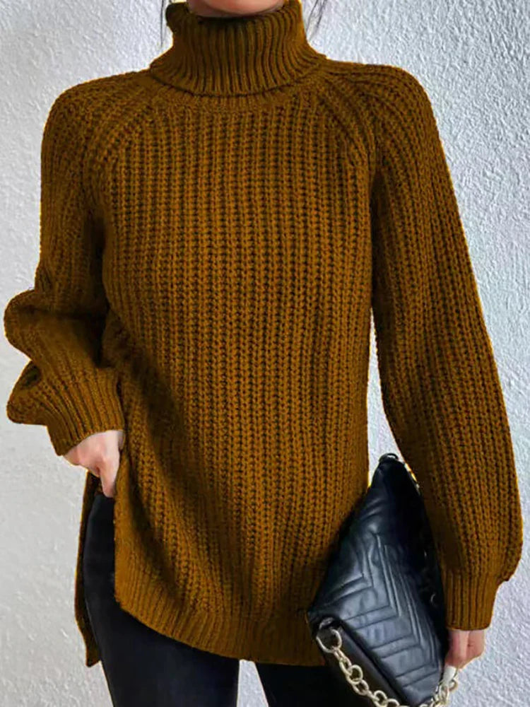 Women Winter Turtleneck Loose Sweater Elegant Drop Sleeve Side Split Pullover Vintage Harajuku Chic Jumpers Oversized knit Tops camel