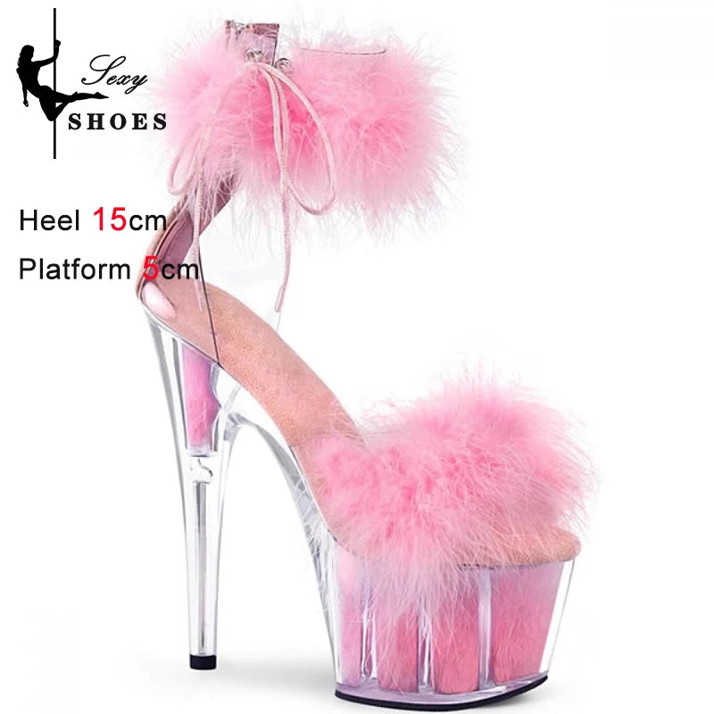 New Cover Heels Buckle Strap Women Sandals Platform Open Toe Color Feather Bride's Wed-ding Shoes Stripper Nightclub Party Heels As Picture Shown 5