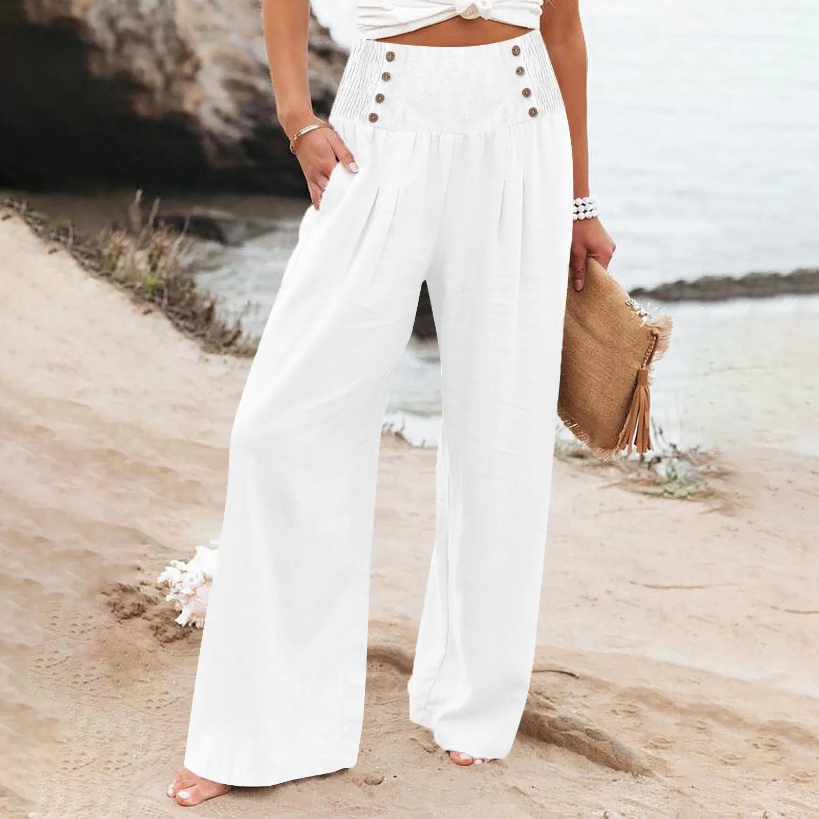 Summer Cotton Linen Wide Leg Pants Women Loose Palazzo Pant Pocket Elastic Waist Button Casual Pants White