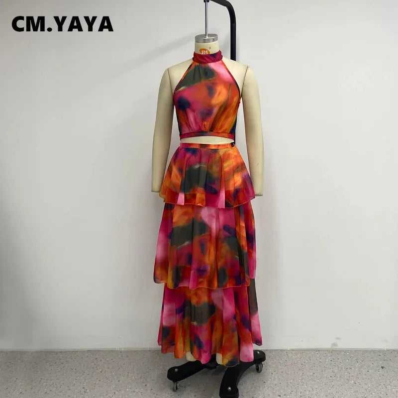 CM.YAYA Women Dress Sleeveless Printed Vest Long Ruffles 2024 Summer Beach Sexy Night Party Dresses Outfits