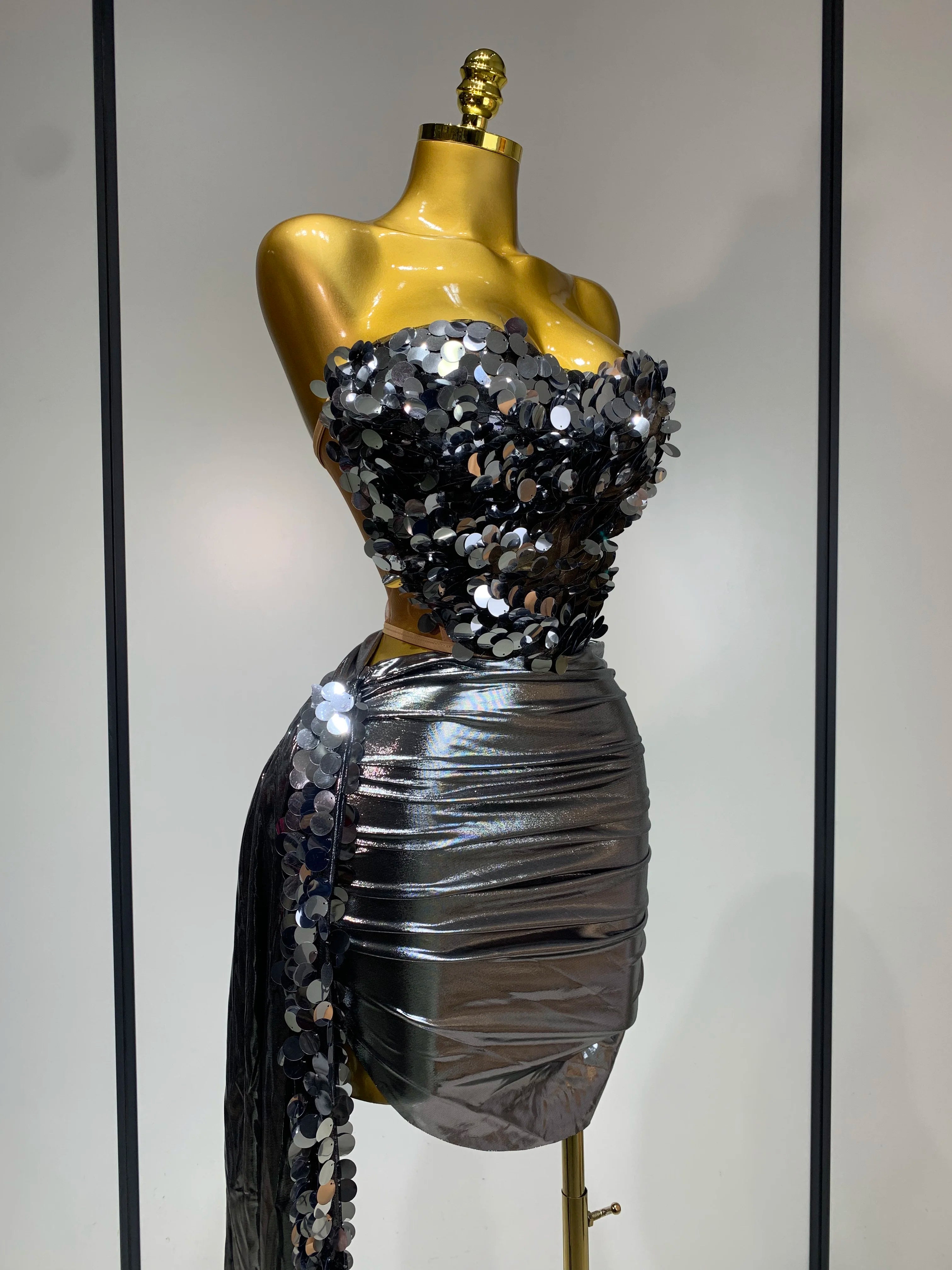 Sparkly Sequin Two Piece Set Sexy Strapless Backless Women's Outfit Evening Party Nightclub Stage Performance Dance Costume