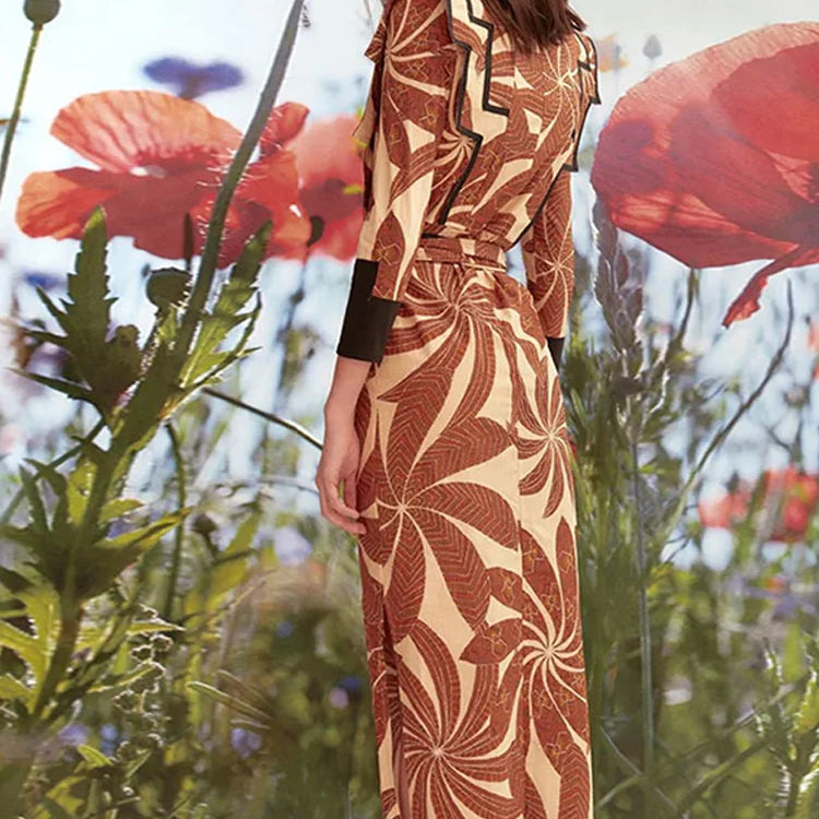 Vintage Square Neck Printed Maxi Dresses Women Casual Slim Fit Long Sleeve Patchwork Vestidos Spring Party Holiday Dress