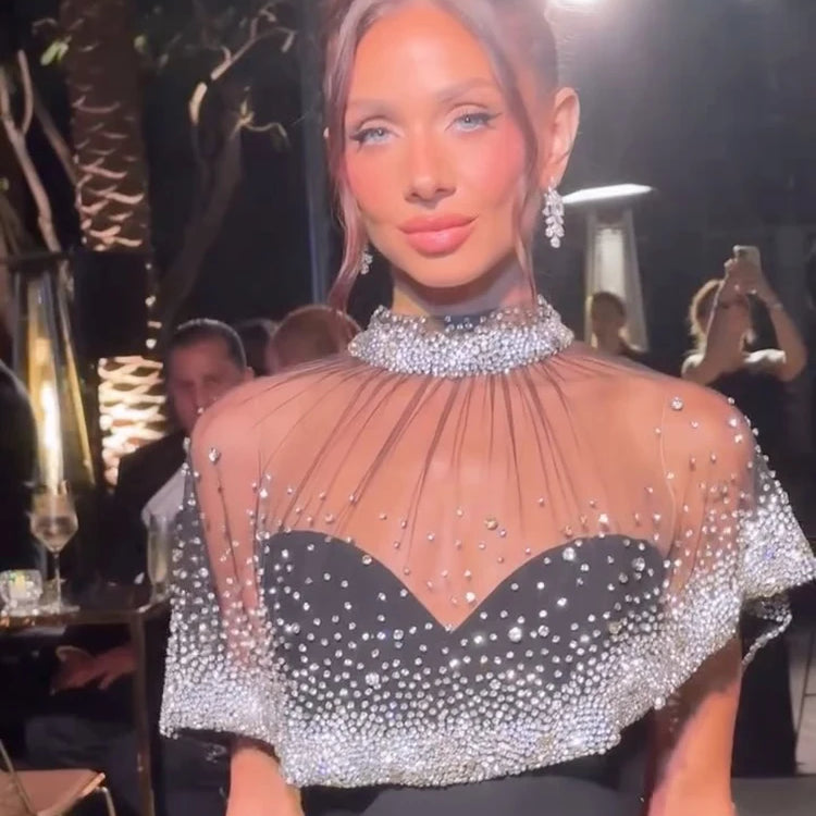 VC Luxury Sheer Beaded Mesh Cape Black Maxi Strapless Sleeveless Dress for Formal Events Gown