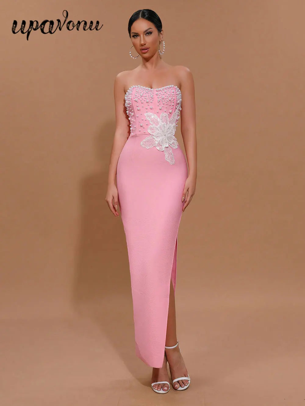 2025 Spring Sexy Women's 3D Flower Pearl Bandage Dress Strapless Sleeveless Bodycon Backless Long Dress Club Party Vestidos