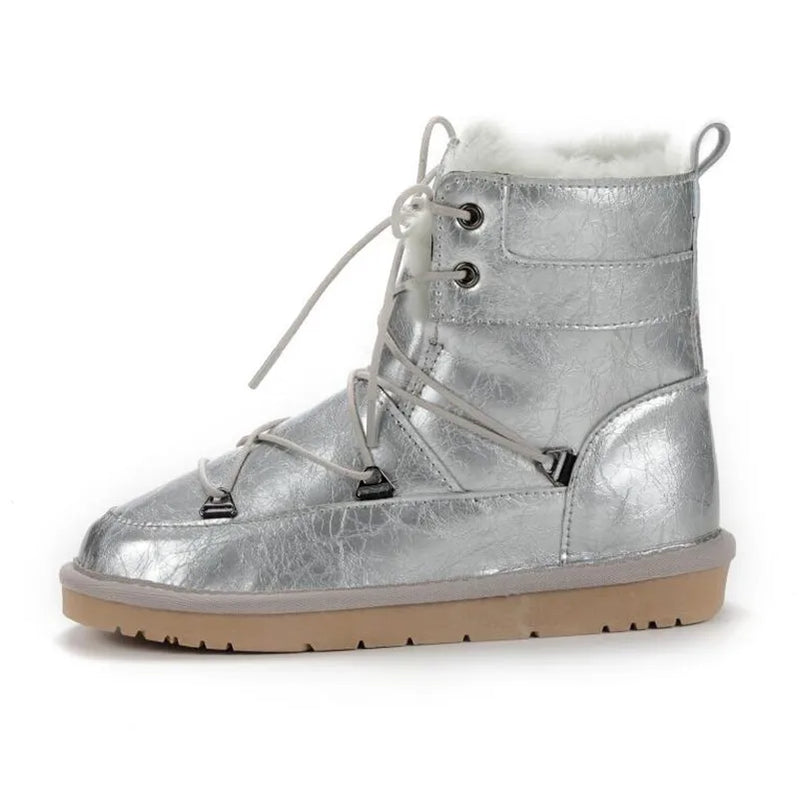 Natural Fur Inside Genuine Cowhide Leather Snow Boots Shoes Women Waterproof Boots Warm Winter Boots Women Shoes silver as pic