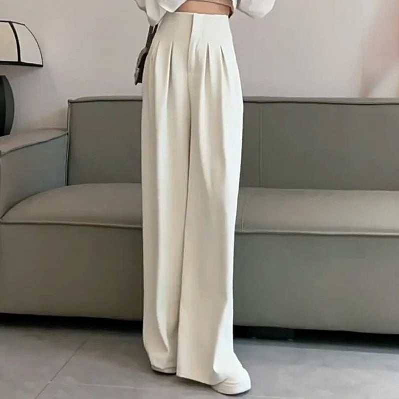 Ultra High Waist Wide Leg Pants Straight Drooping Spring and Summer All-Match Trousers Thick Suit Pants Mop Pants Creamy-white