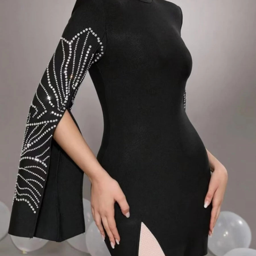 TWOTWINSTYLE Solid Slimming Temperament Dresses for Women Round Neck Long Sleeves Patchwork Diamonds Dress Female Clothing New