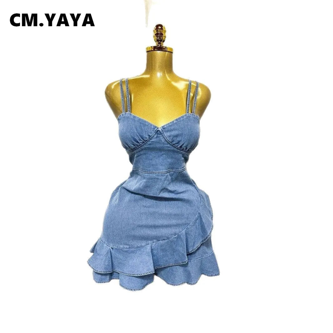 CM.YAYA Women Spaghetti Strap V-neck Ruffles Hem Denim A-line Mini Dress 2025 Chic Birthday Night Club Party Vestidos Dresses