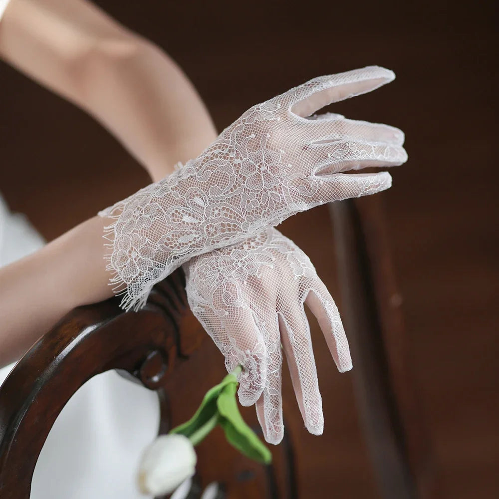 Bridal Wedding Dress Lace Gloves Wedding Open Finger Gloves White Lace Medium Length Slim Wedding Gloves Simple Beige