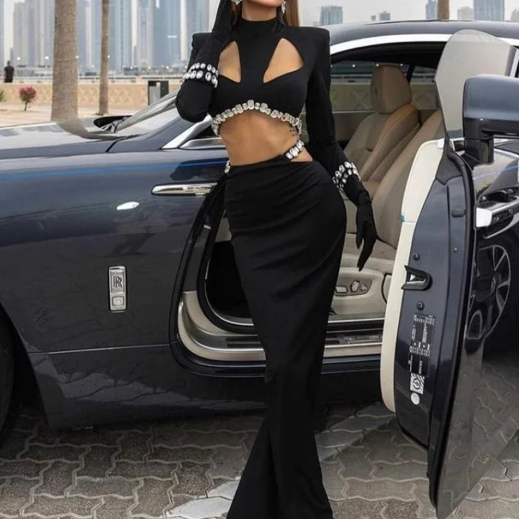 STOCK Stylish Luxury Diamonds Woman Bandage Set Sexy Hollow Out Short Top And Mermaid Long Skirt 2 Pieces  Evening Party Vestido