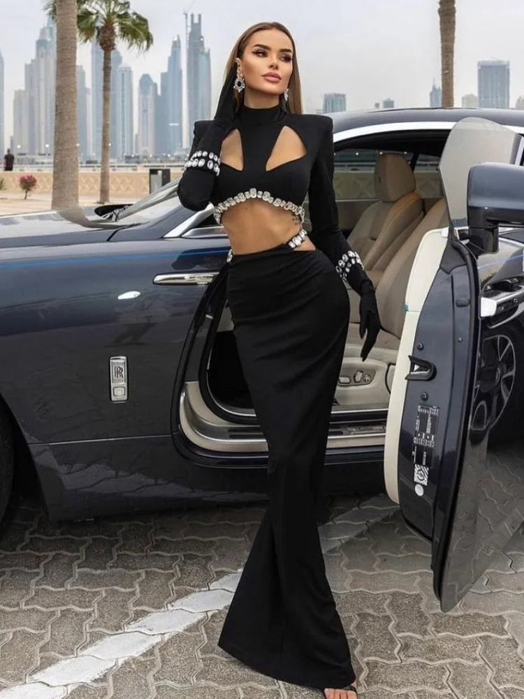 STOCK Stylish Luxury Diamonds Woman Bandage Set Sexy Hollow Out Short Top And Mermaid Long Skirt 2 Pieces  Evening Party Vestido