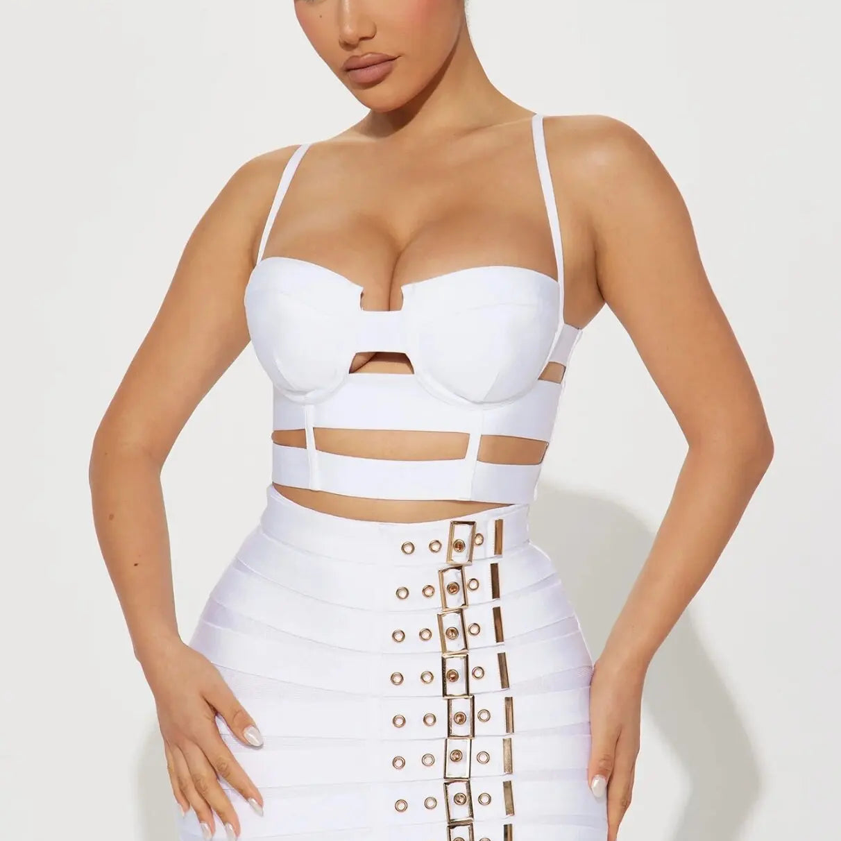2023 New Summer Black White Women Sexy Bandage Tops Belt Pencil Skirts Set Nightclub Party Celebrate Women's Set Wholesale