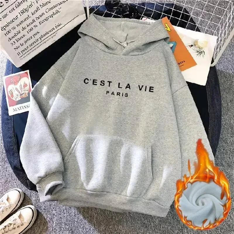 Autumn Winter Women Fleece Hoodies Thick Warm Female Long Sleeve Hooded Sweatshirts Casual Print Lady Loose Pullover Tops
